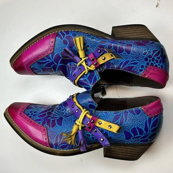 SOFFIA FLOWER-ACCENT GENUINE LEATHER BOOTIES OXFORD SHOE Colorful Unique US 8/9 - Picture 3 of 7